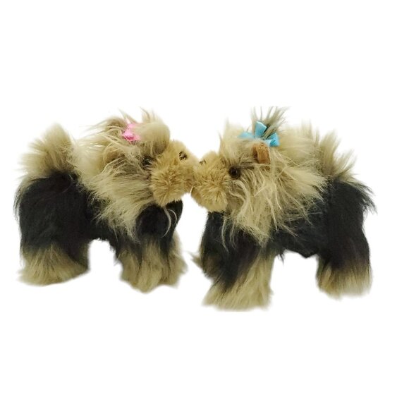 Unbranded Brown‎ and Tan Pair Of Fluffy Yorkie Plush Dogs With Bows in Fur - Picture 2 of 11